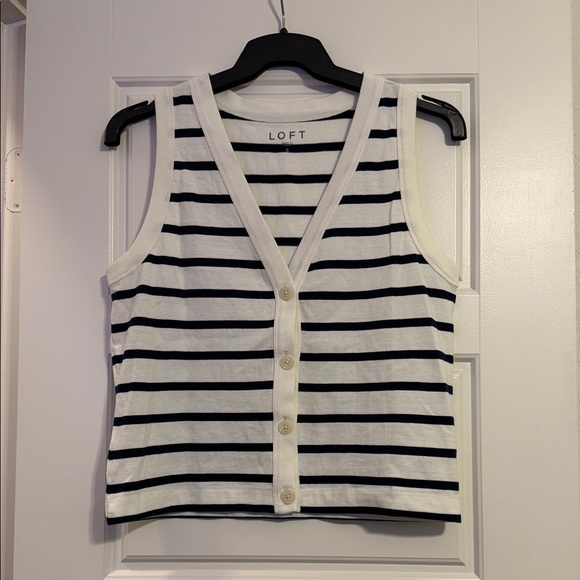 LOFT Tops - LOFT Black and White Striped V-Neck Button Tank